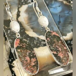 Rhodonite & Rainbow Moonstone Earrings 2 1/2”